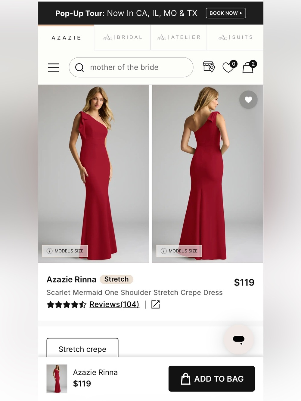 Azazie One-Shoulder Bow-Accent Red Evening Gown